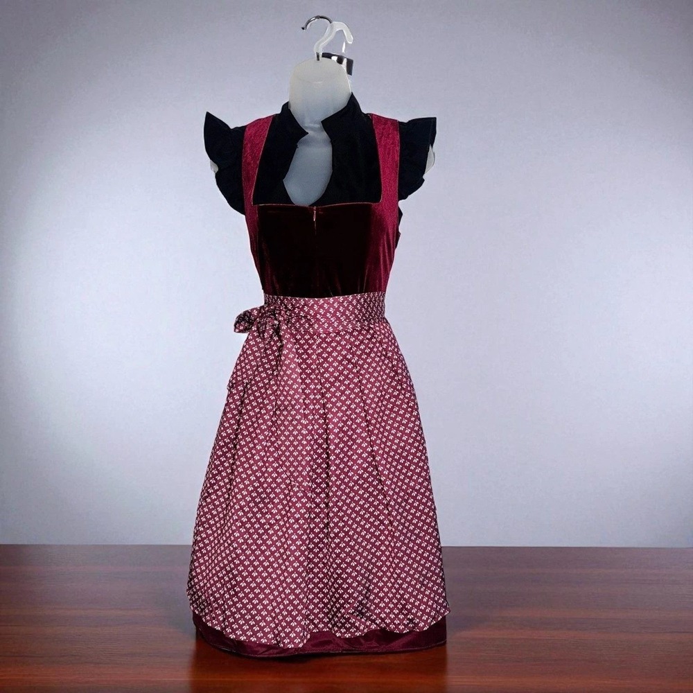 New Small Oktoberfest Red Burgundy Velvet Dirndl Dress Bavarian German Festival - Picture 4 of 7